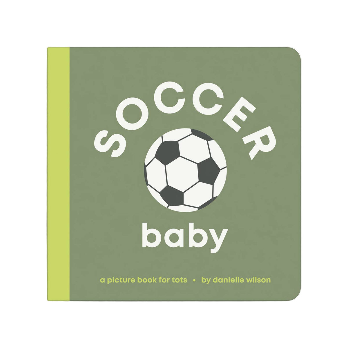 Book titled 'Soccer Baby' with a soccer ball illustration on a green background