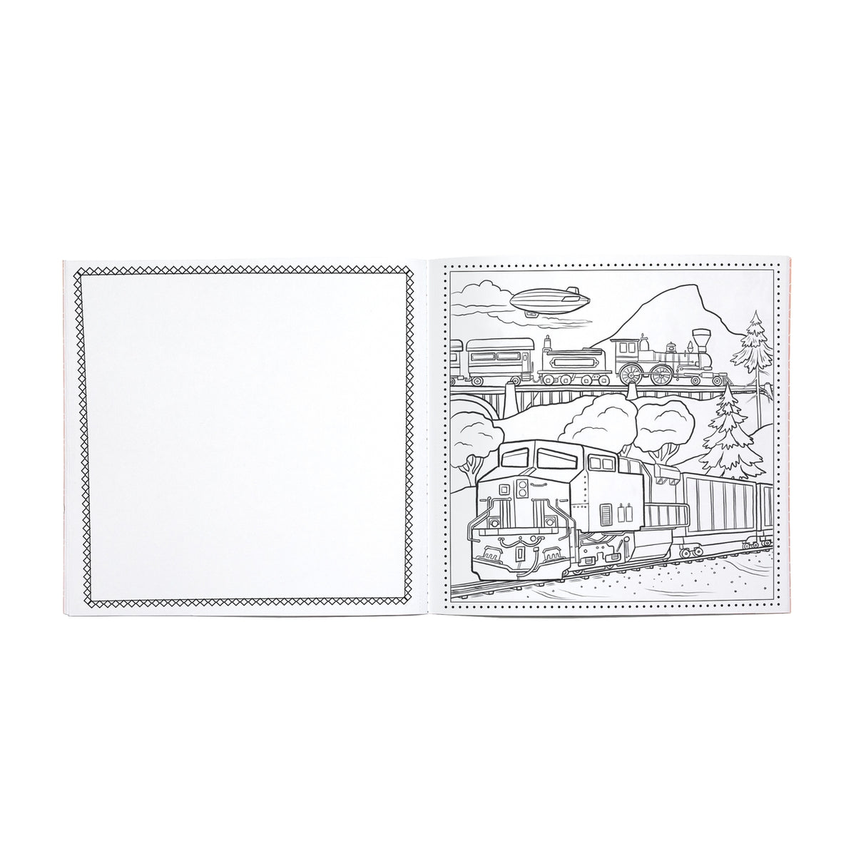 A black and white coloring book or activity sheet shown open, with a blank white panel on the left and a train illustration on the right.