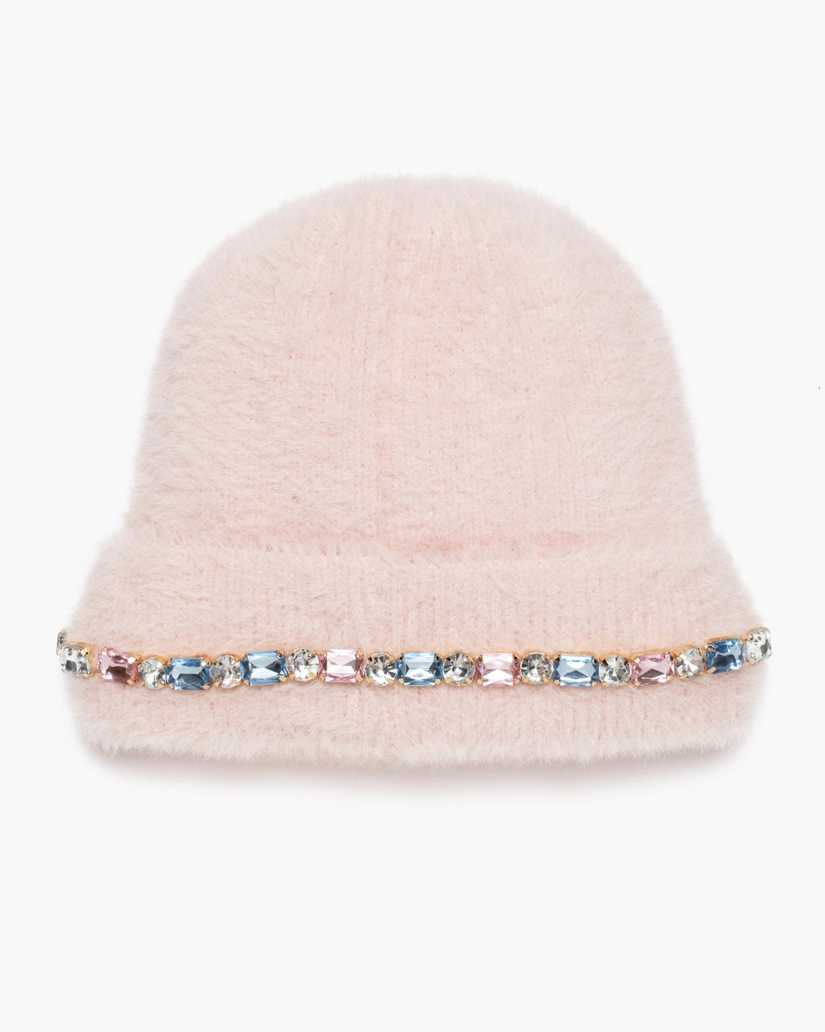 A light pink fuzzy beanie hat featuring a decorative band of colorful rhinestones, set against a plain white background.