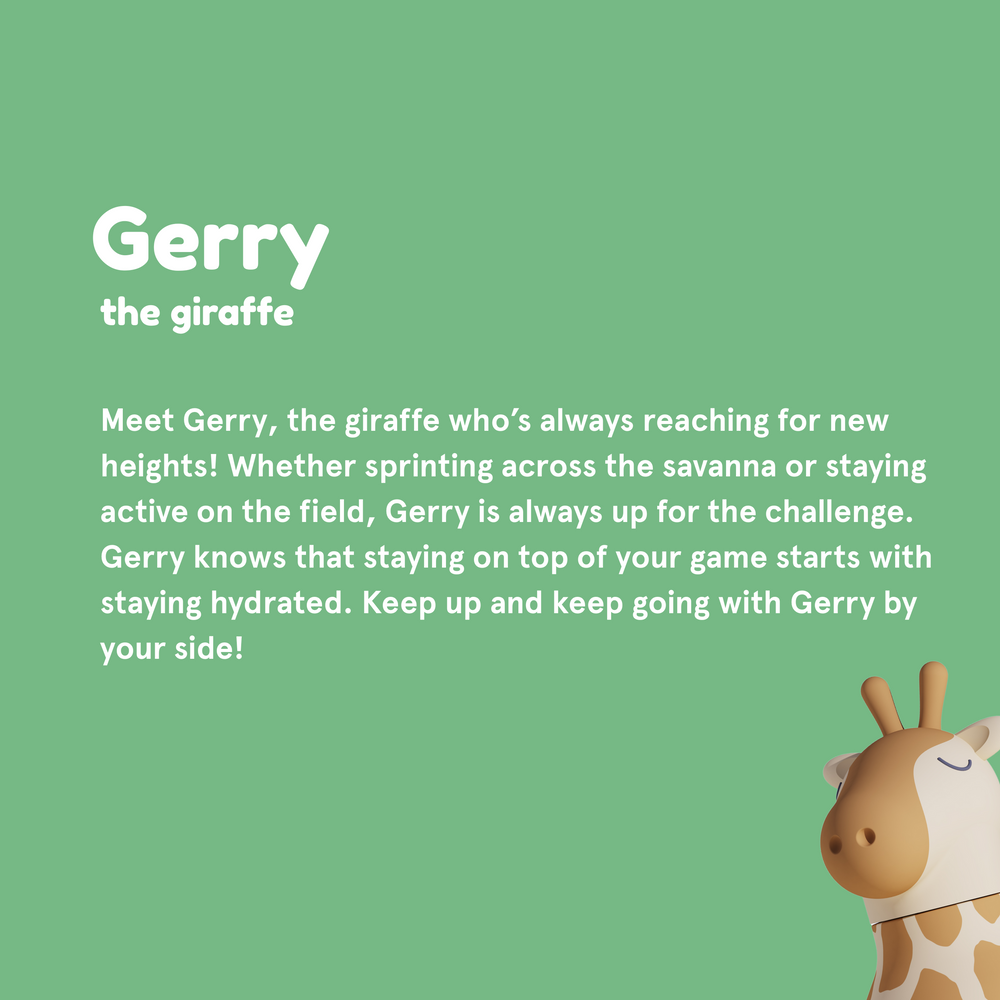 Giraffe toy with text on a green background