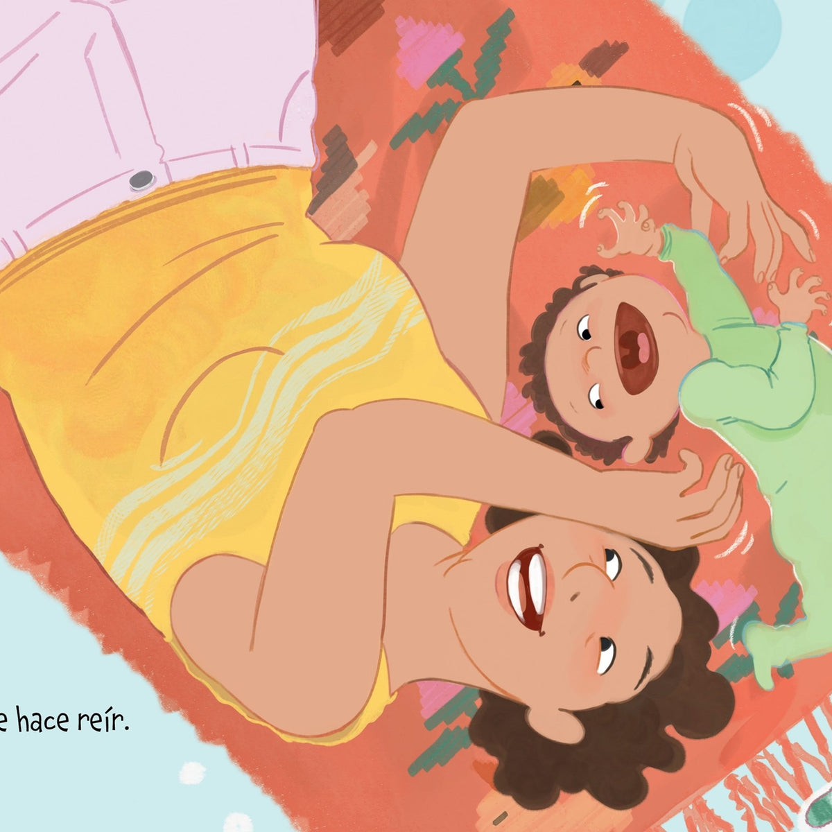 Illustration of two children playing on a blanket with toys around, featuring text in Spanish.