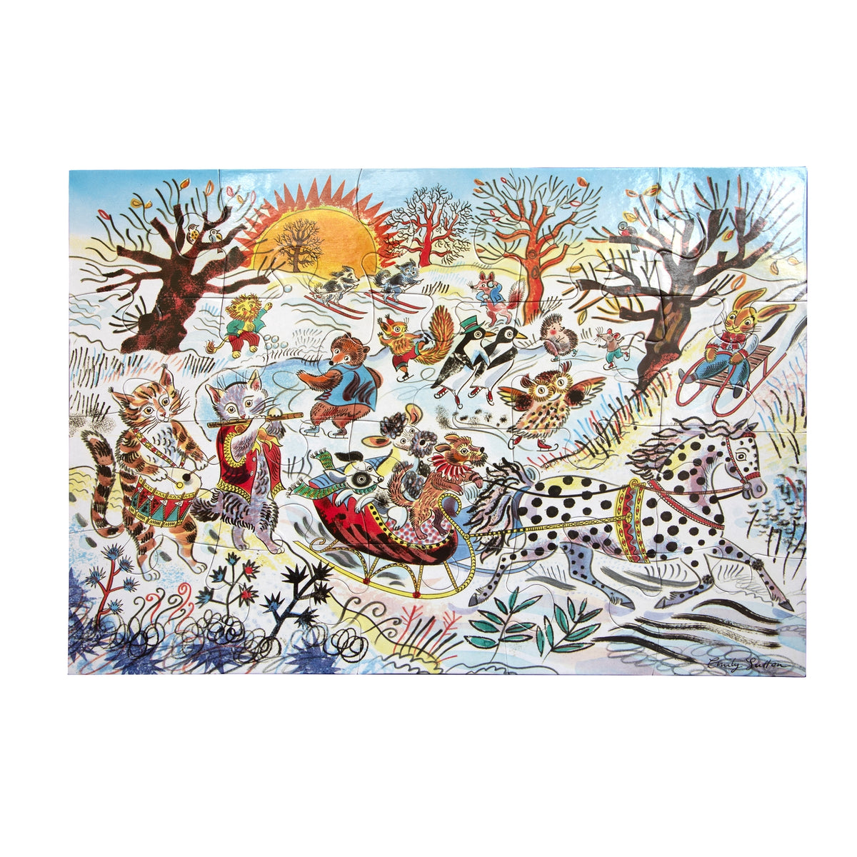 Colorful illustration of animals in a fantasy landscape with trees and a sun.