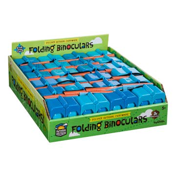 Display box of folding binoculars with green and blue design