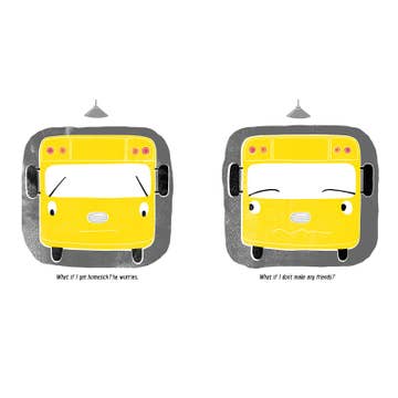 Two cartoon school buses with faces on a white background
