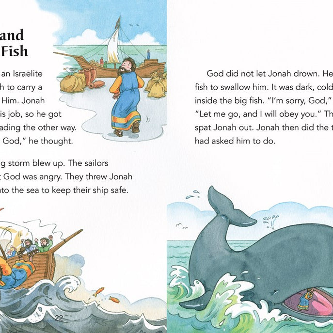 Illustrated children's book page about Jonah and the Big Fish with text and graphics.