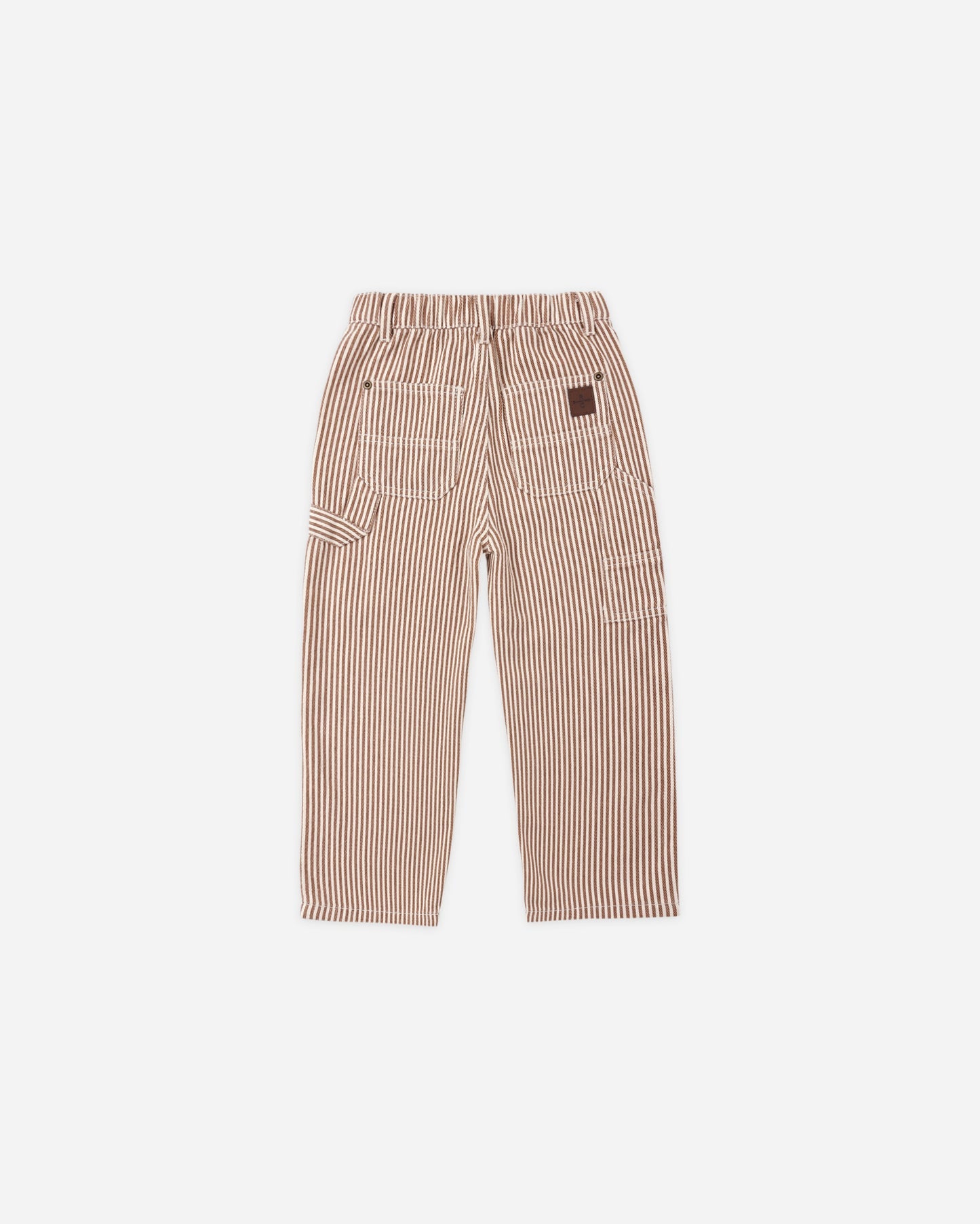 A pair of cropped pants featuring a vertical brown and white stripe pattern, displayed flat against a solid white background.