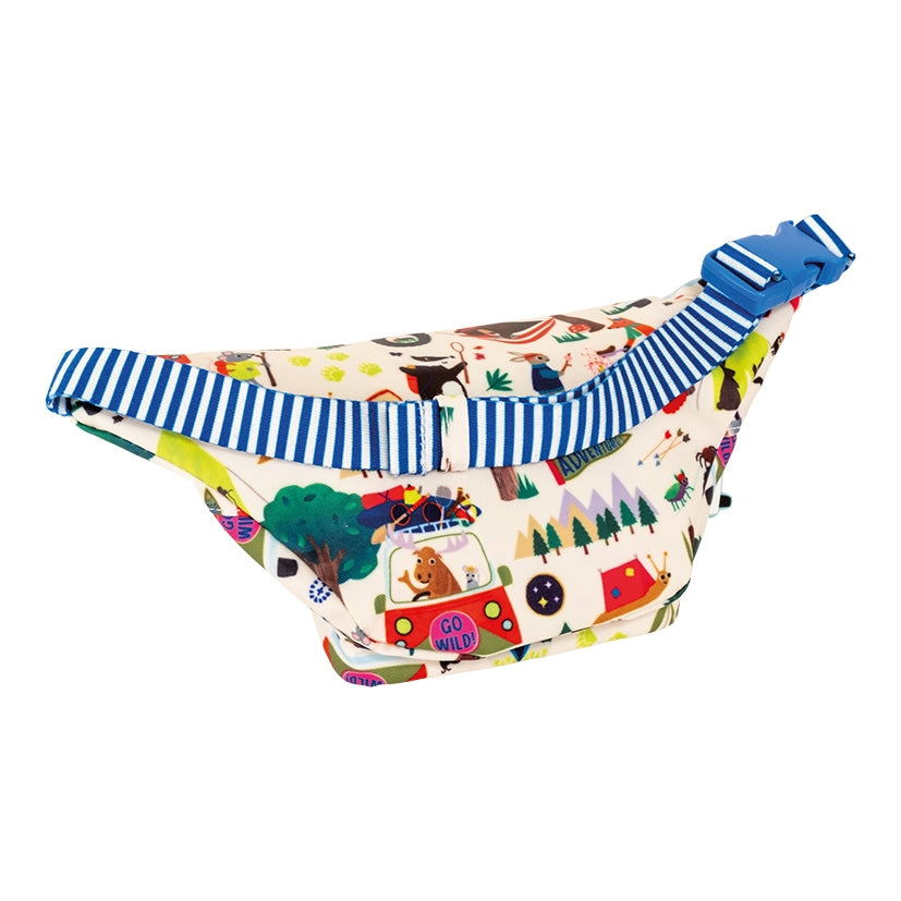 Colorful waist bag with cartoon designs and blue strap on a white background
