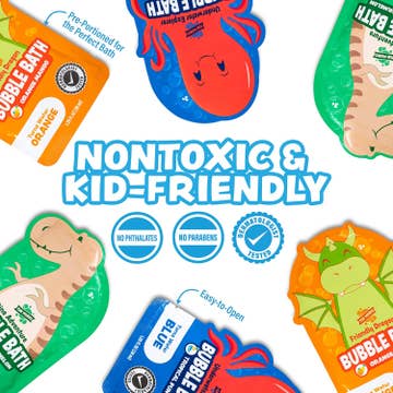 Bubble bath packages with cartoon characters and text highlighting nontoxic and kid-friendly features on a white background.