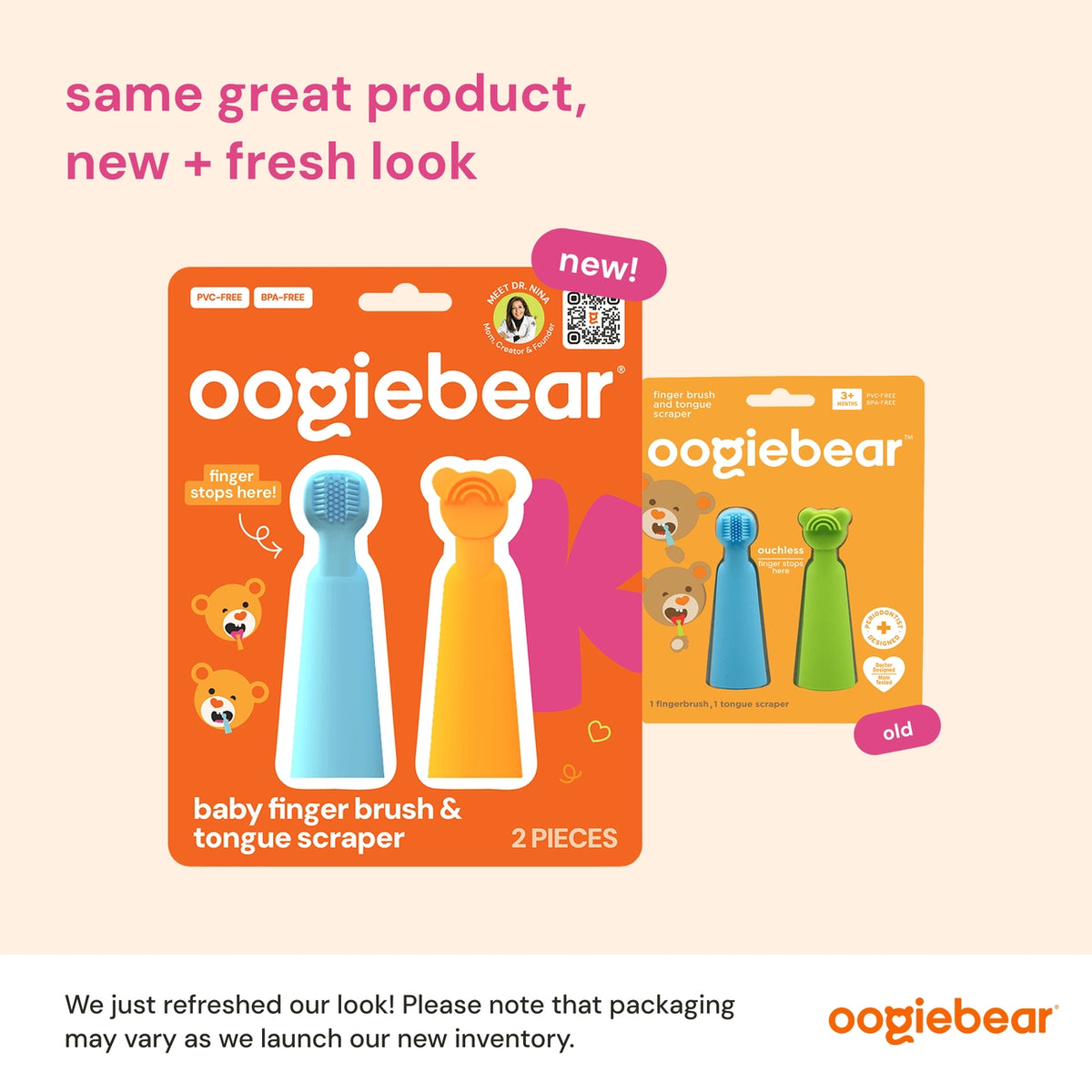 Oogiebear baby finger brush and tongue scraper packaging on a beige background