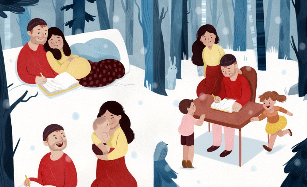 Illustrations of families in a snowy landscape, engaging in various activities.