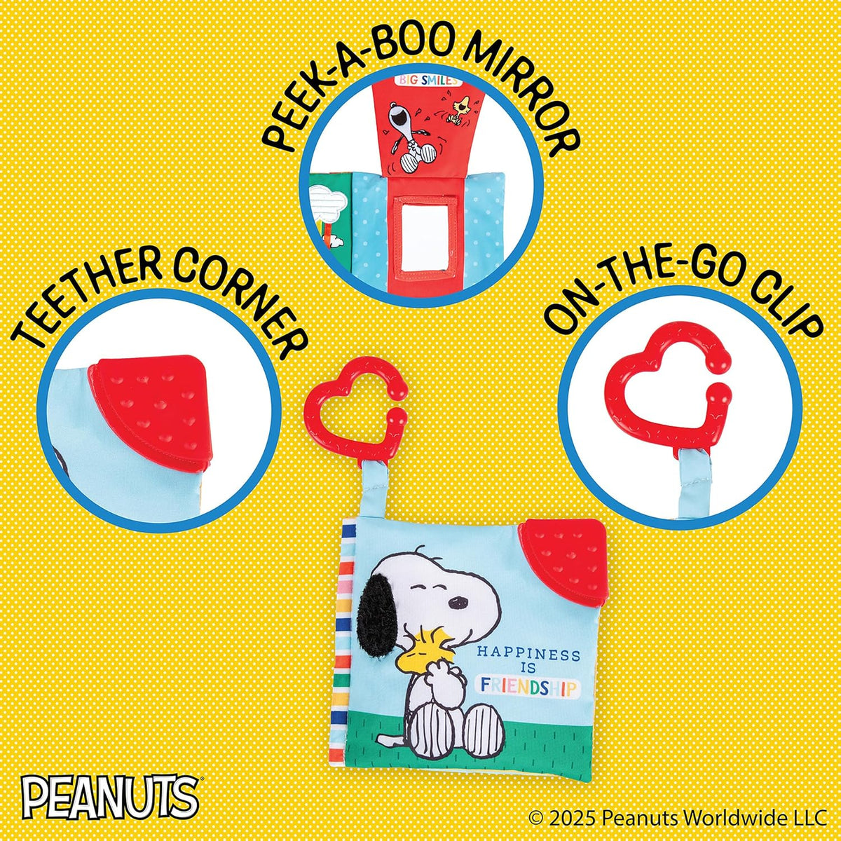 Peanuts-themed children's product set on a yellow background