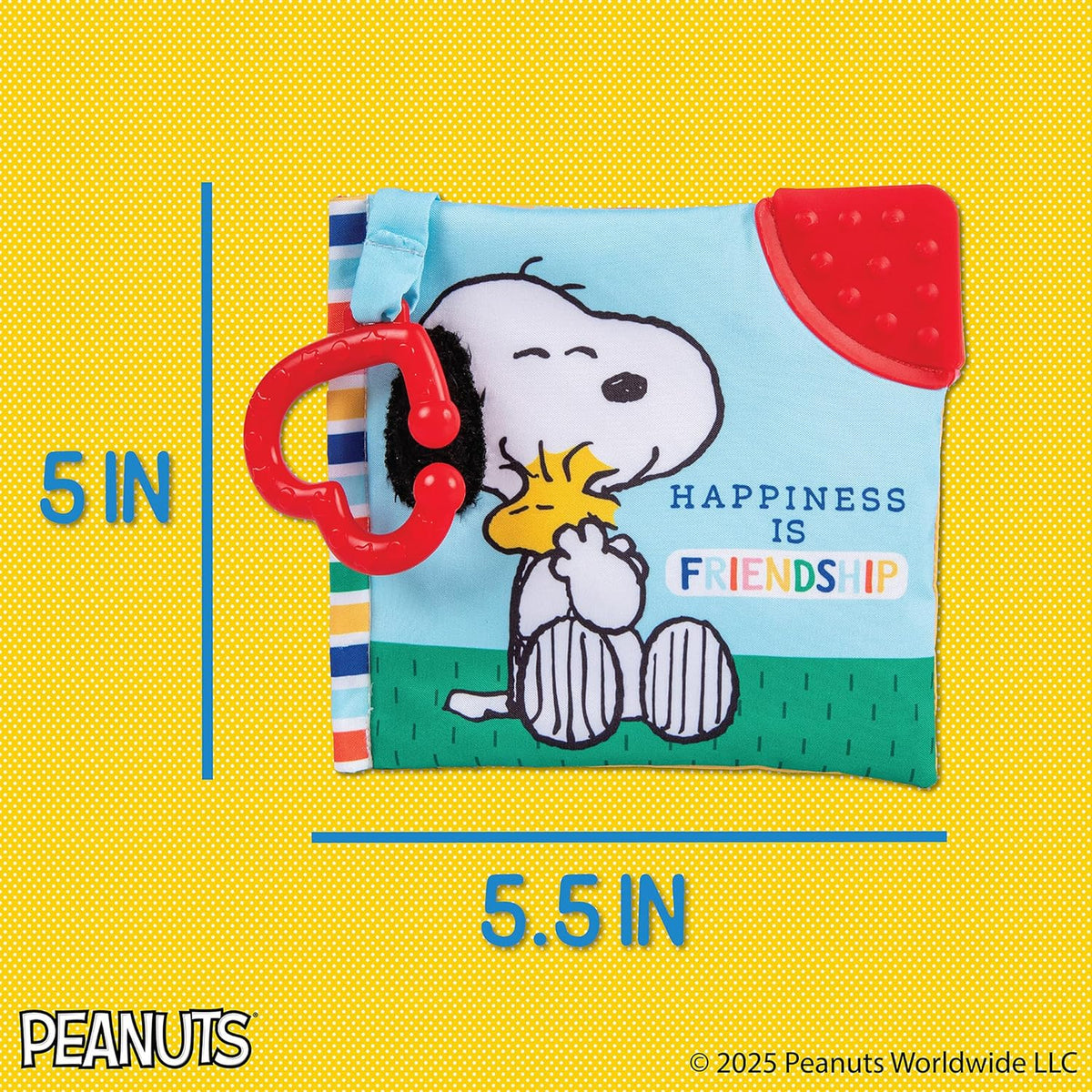 Snoopy and Woodstock soft book with red handle on a yellow background, featuring 'Happiness is Friendship' text.