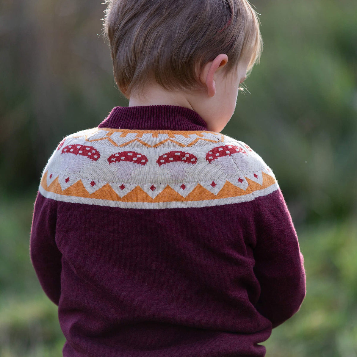 Child wearing a patterned sweater with a blurred natural background