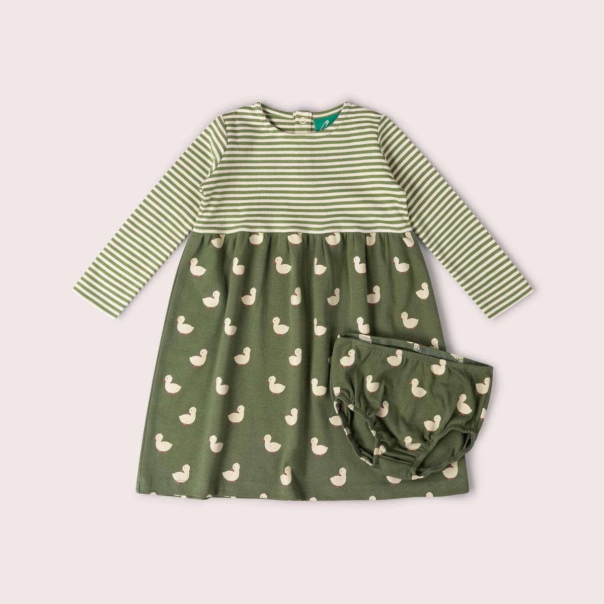 A two-piece baby girl's outfit set featuring a long-sleeve dress and matching bloomers. The dress has a top section with green and white horizontal stripes and a bottom section in olive green with a repeating duck print.