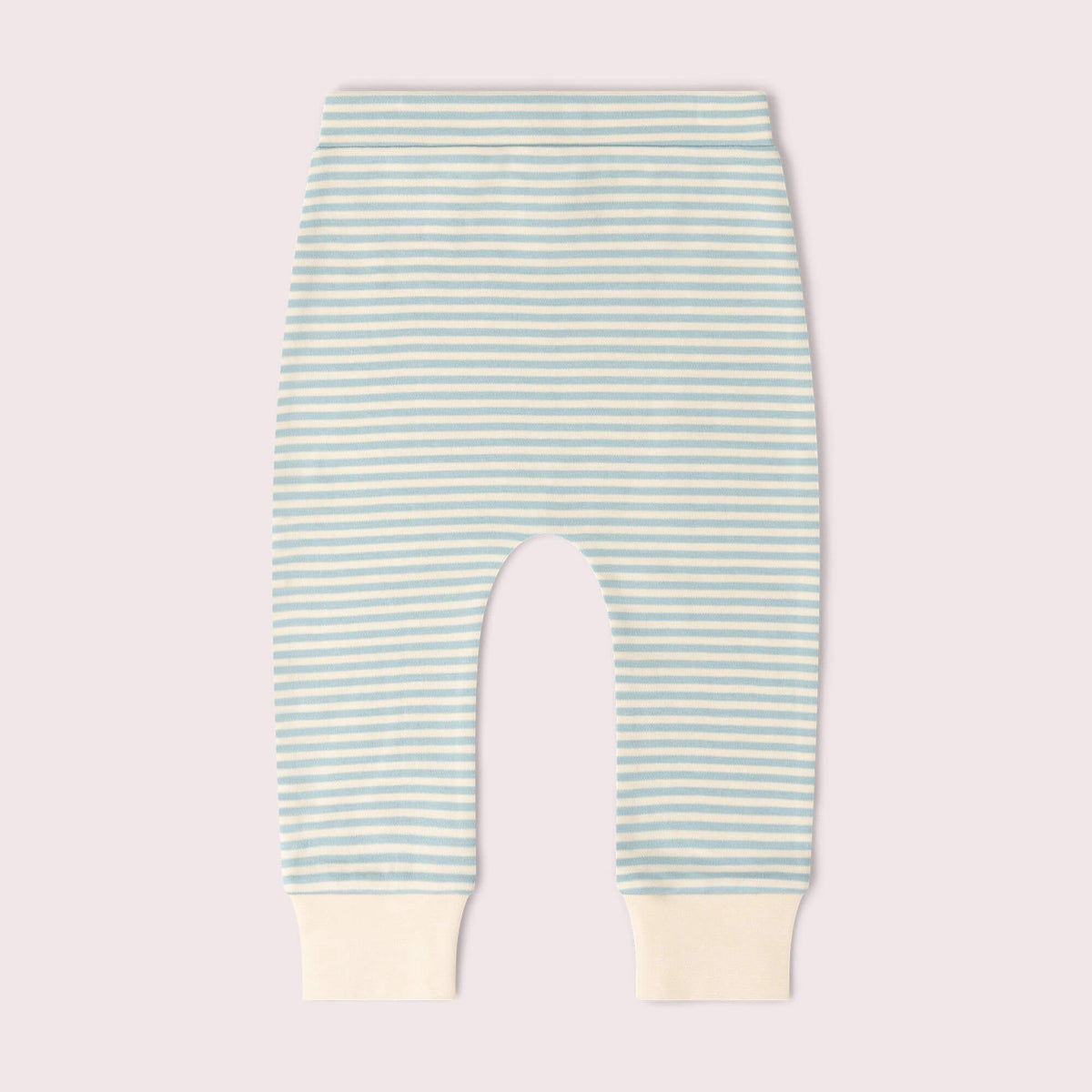 A baby garment with horizontal mint green and white stripes, featuring solid cream ribbed cuffs at the bottom.