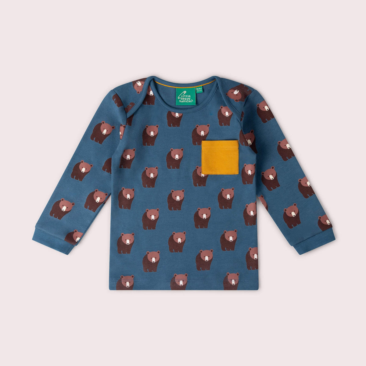 Blue long-sleeve shirt with bear pattern and yellow pocket on a light gray background