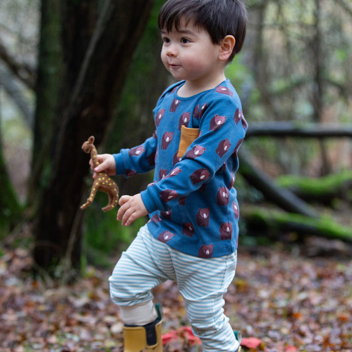 A child wearing the Blue Bears Organic T-Shirt & Jogger Playset from Little Green Radicals.