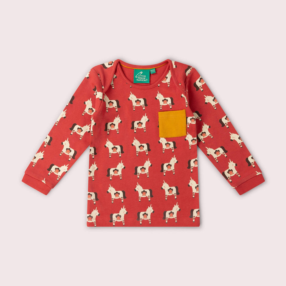 A red long-sleeve top with a repeating horse print and a mustard yellow chest pocket.