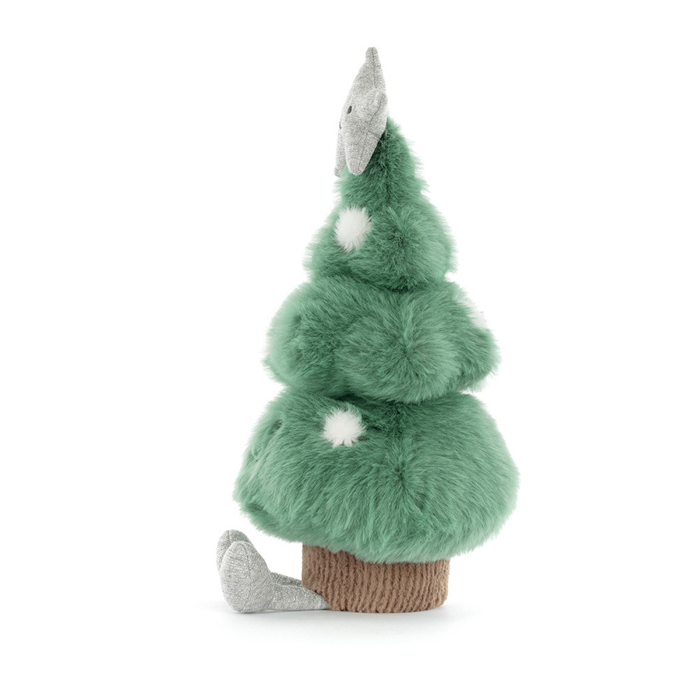 Plush toy resembling a Christmas tree with a small animal on top against a white background
