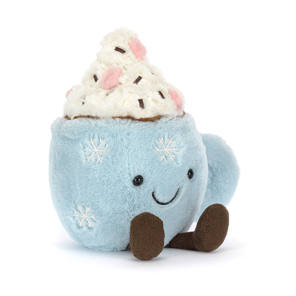 Plush toy resembling a hot chocolate cup with whipped cream on a white background