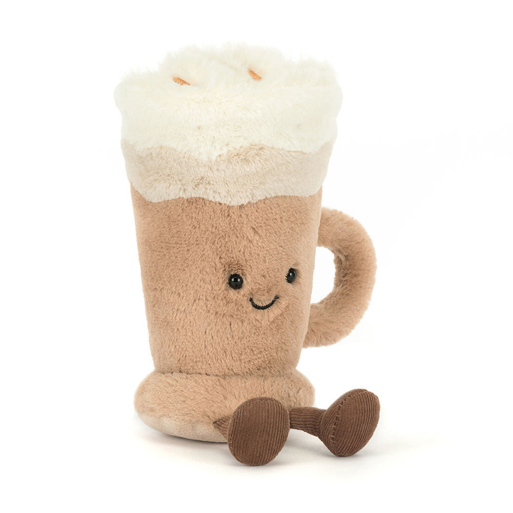 Plush toy resembling a beer mug with a smiling face on a white background