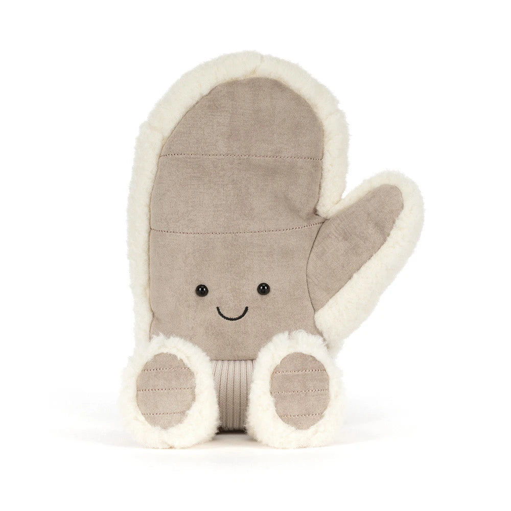 A plush mitten toy in taupe with cream faux fur trim, featuring a simple embroidered smiley face and ribbed taupe feet, shown on a white background.