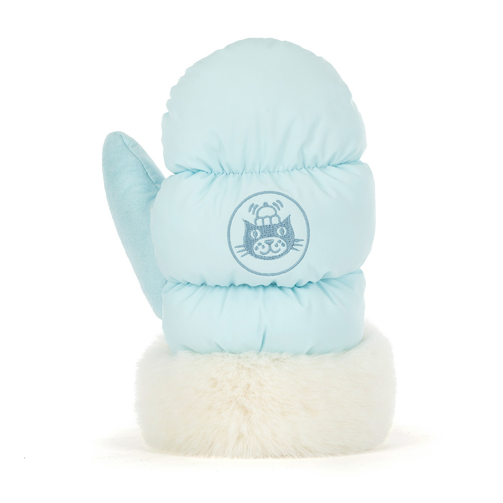 Light blue baby mittens with a white paw print design on a white background