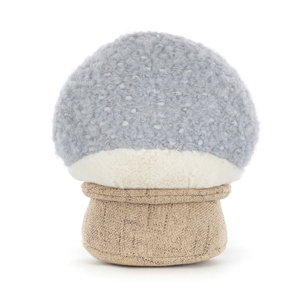 Mushroom-shaped toy with gray cap and beige stem on a white background