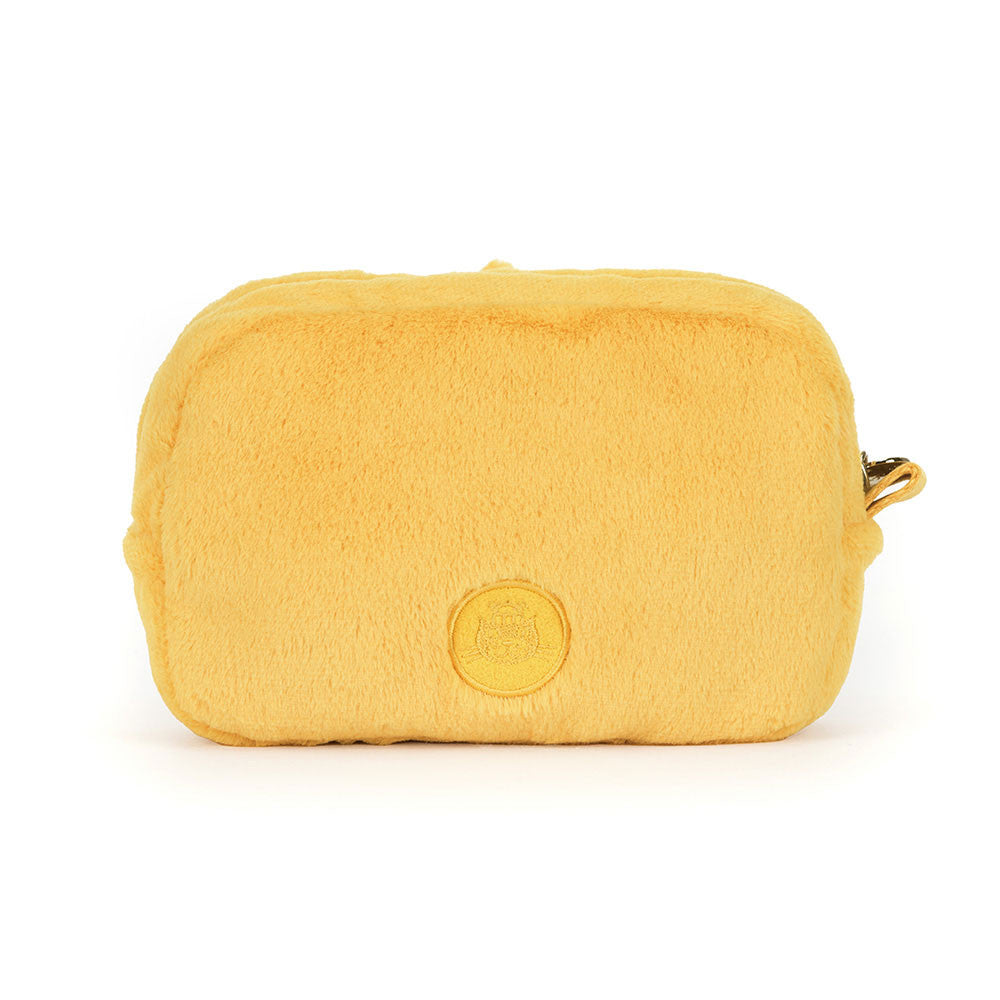 Yellow rectangular pouch with a circular logo on a white background