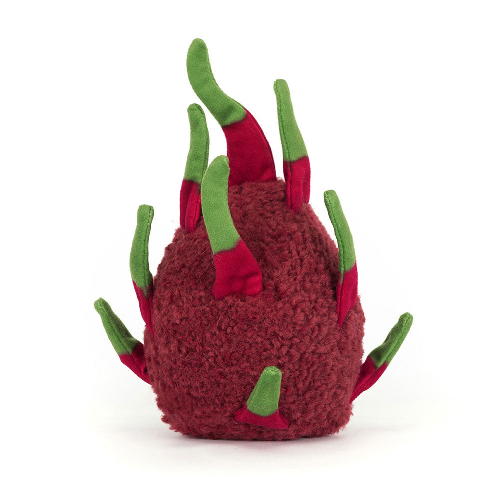 Red and green plush toy resembling a chili pepper on a white background