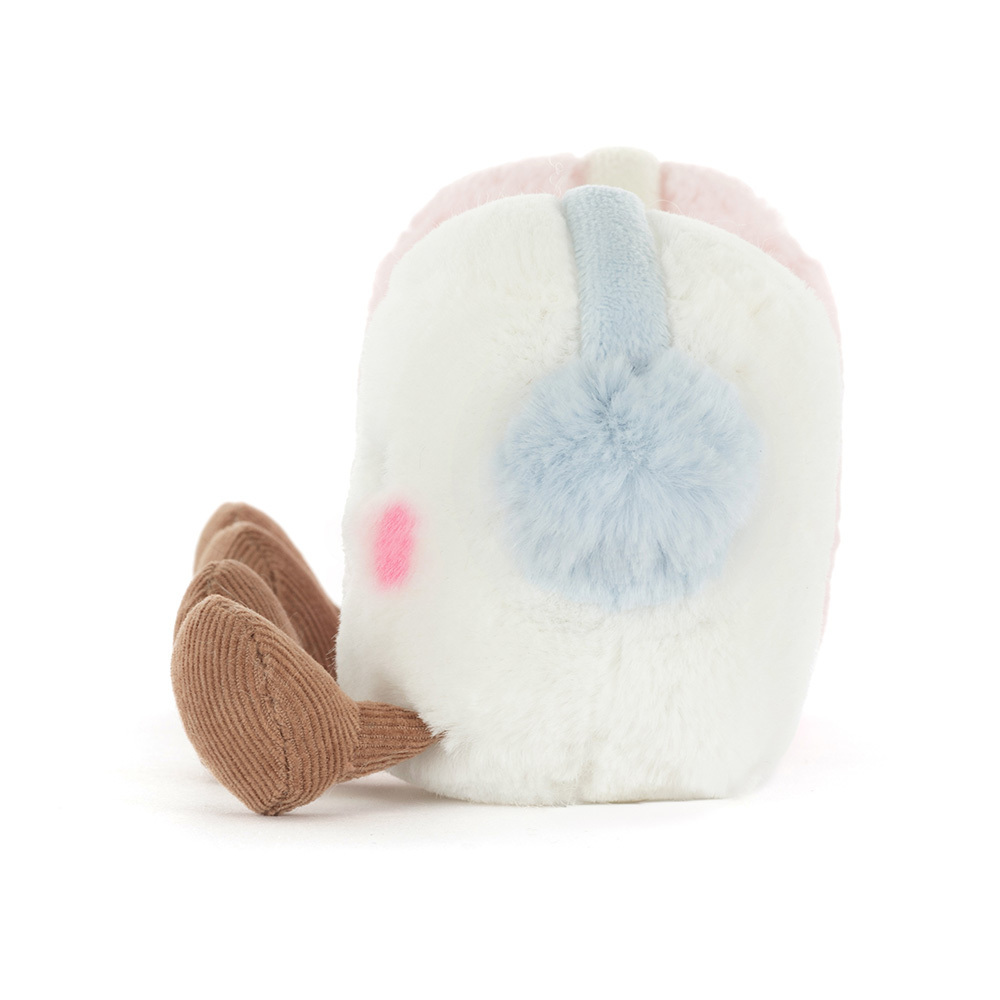 Plush toy resembling a marshmallow with a blue and pink design on a white background