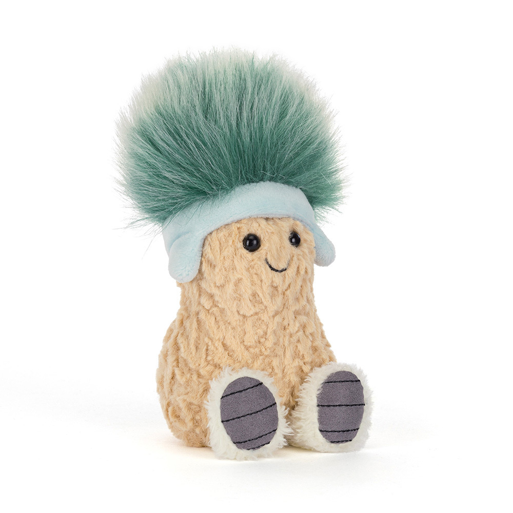 Plush toy with a textured body, teal pom-pom head, and gray feet on a white background