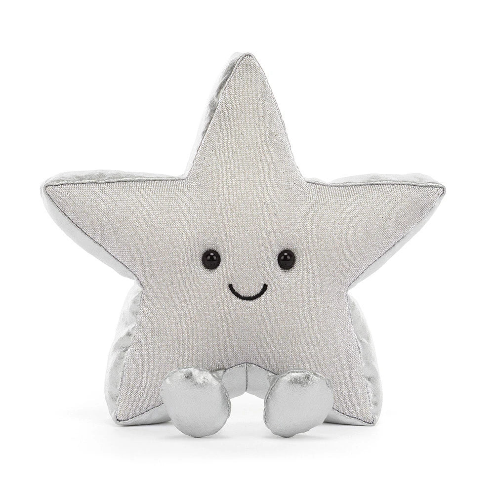 A silver star-shaped plush toy with a smiling embroidered face and small feet, photographed against a clean white background.