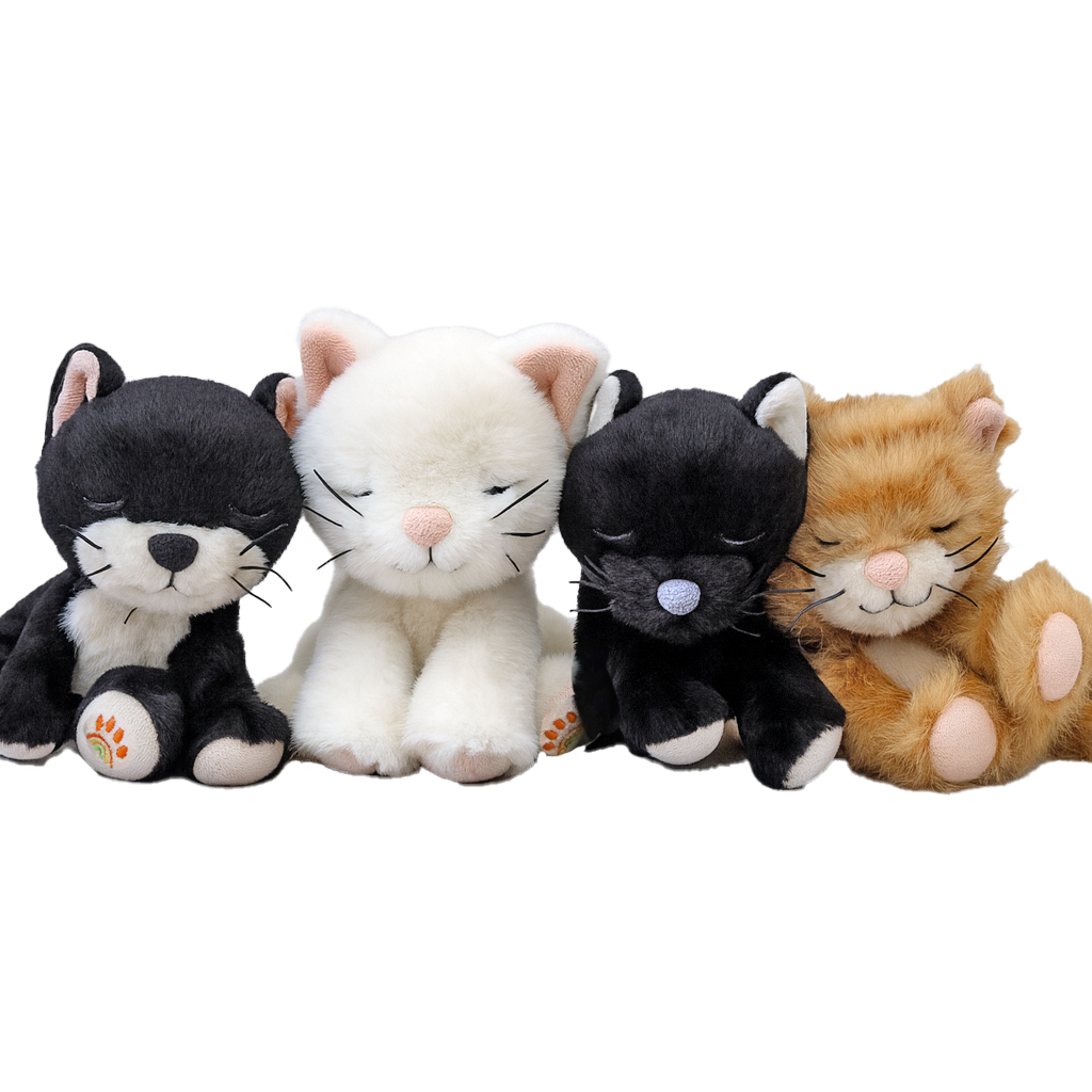 Four plush cat toys in different colors on a white background