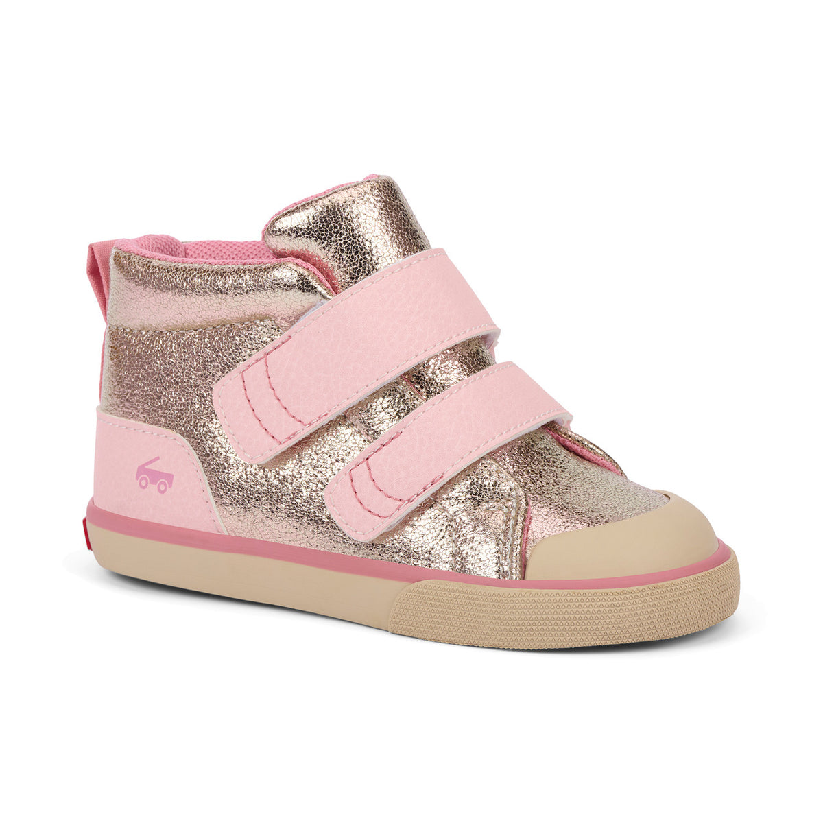 Pink and gold children's sneaker with velcro straps on a white background