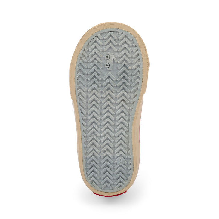 Close-up of a shoe sole with a zigzag pattern on a white background