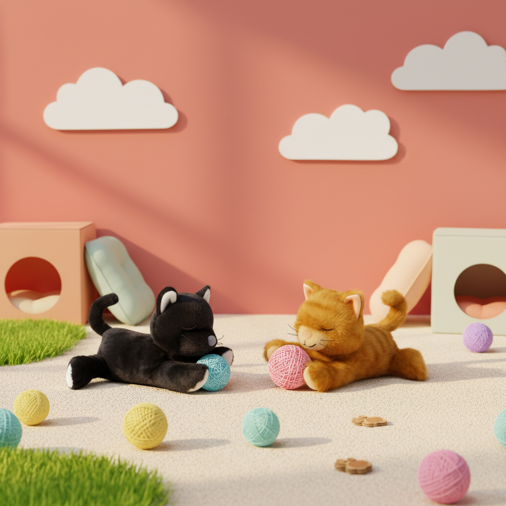 Two plush cats playing with colorful balls in a playful indoor setting with a pink wall and cloud decorations.