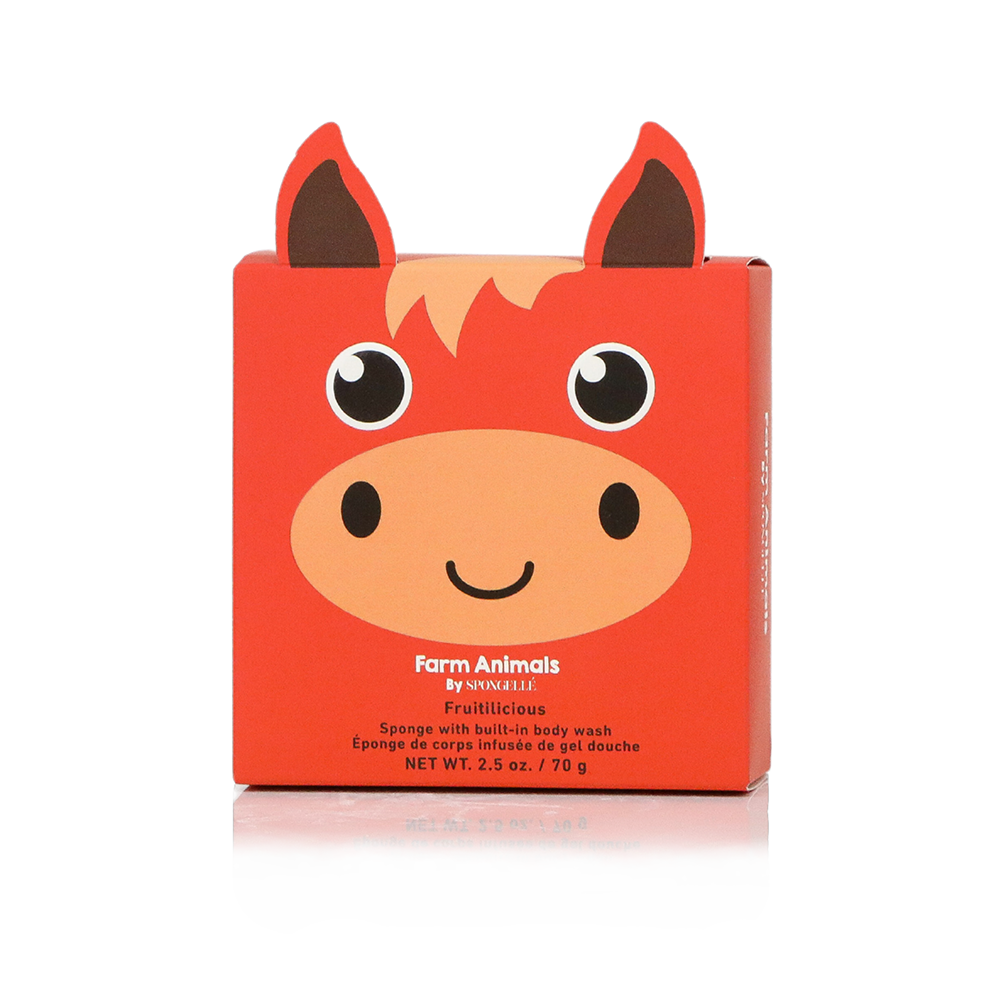 Red horse-shaped box with a cartoon face on a white background