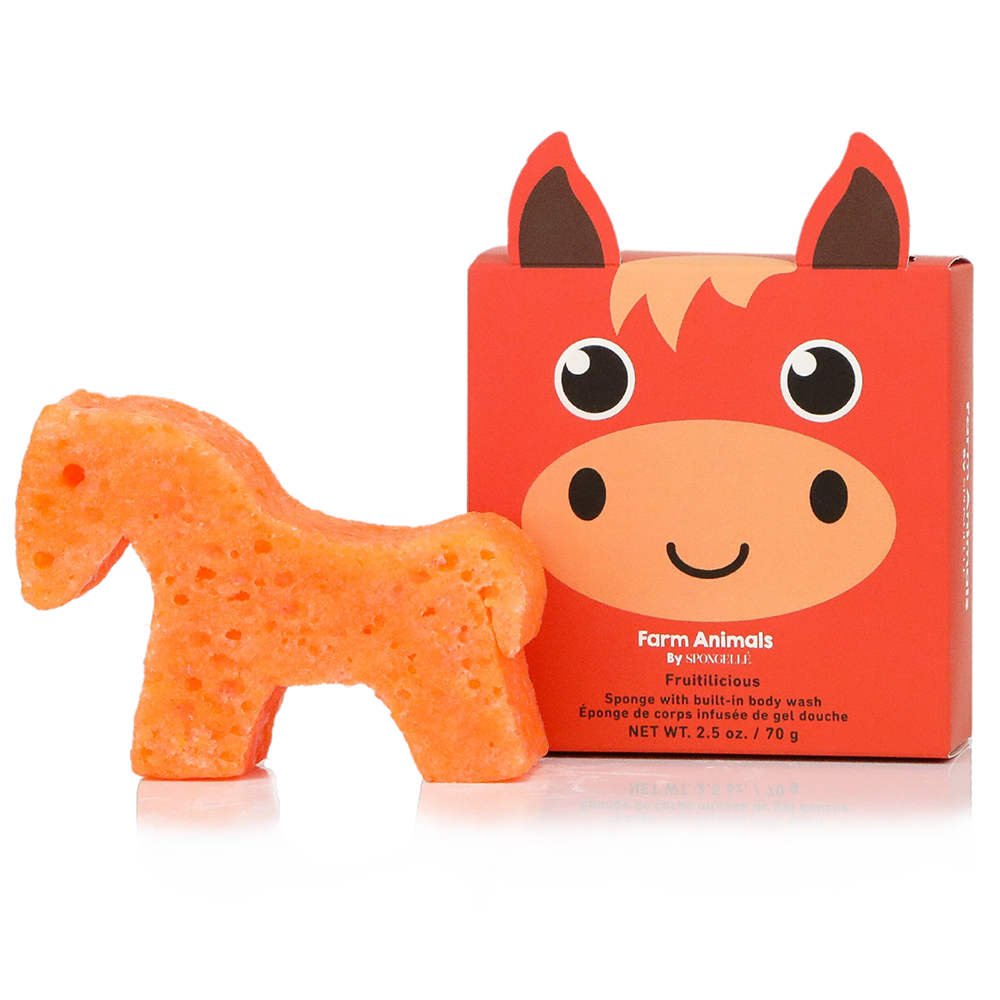 An orange horse-shaped sponge next to its red and orange cartoon packaging box featuring a smiling horse face.