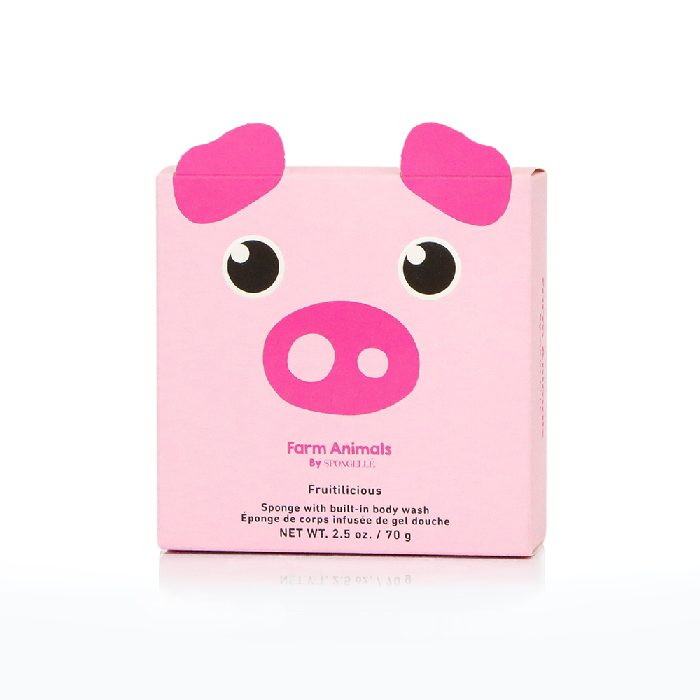 Pink packaging of a pig with cartoonish design on a white background