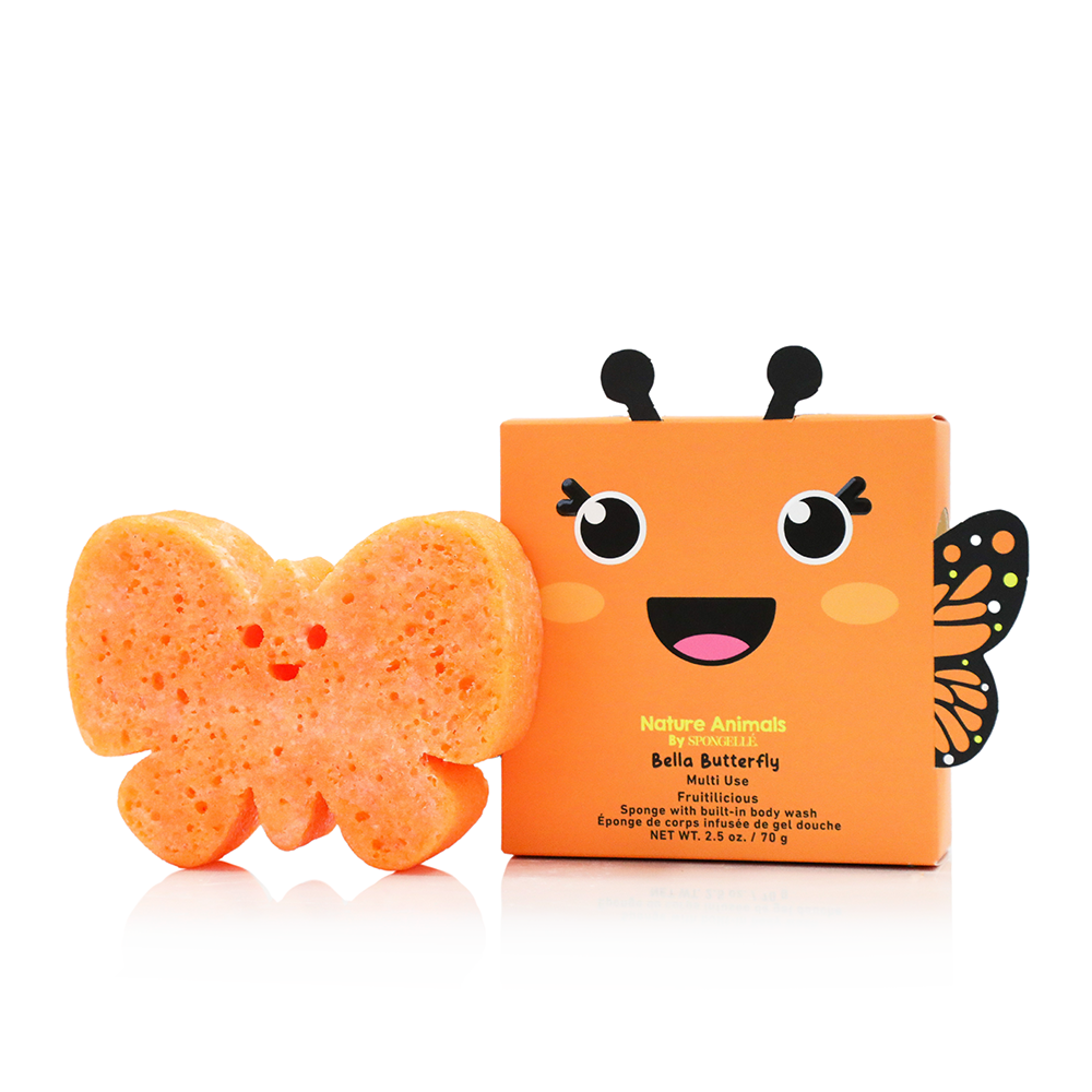 Butterfly-shaped sponge with a matching orange packaging on a white background