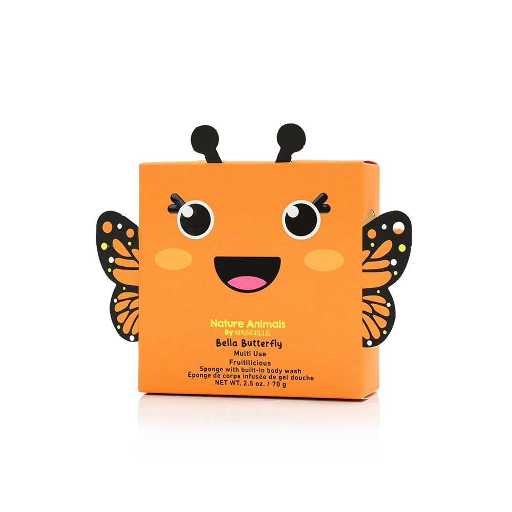 Orange packaging with a butterfly design on a white background
