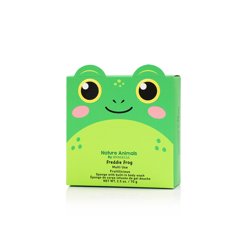 Green packaging of a frog-shaped product with cartoonish face on a white background