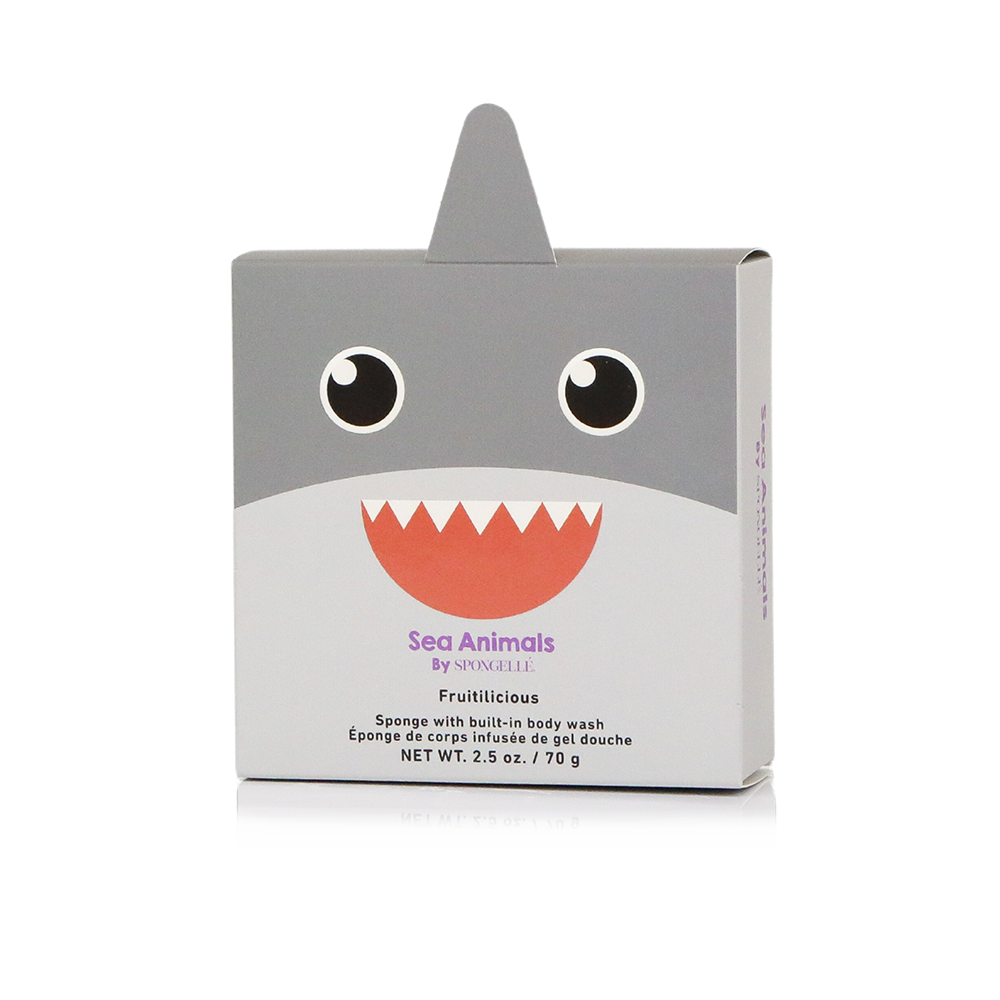Shark-shaped product packaging with a gray body, white underbelly, and red mouth on a white background.