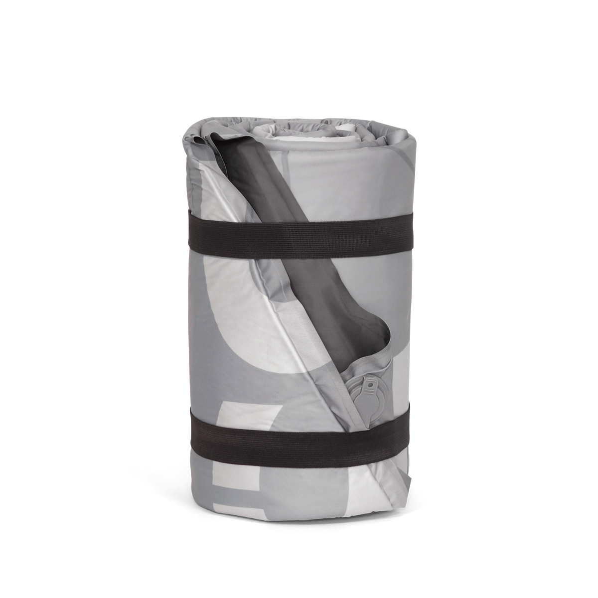 Roll-up mat with gray and white pattern and black straps on a white background