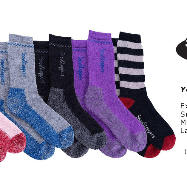 SnowStoppers youth shoe size chart showing youth sizes: Extra Small 6-9 (1-3 years), Small 9-12 (4-8 years), Medium 12-3 (6-10 years), and Large 4-6 (8-12 years), alongside a lineup of colorful alpaca socks in various shades and patterns.
