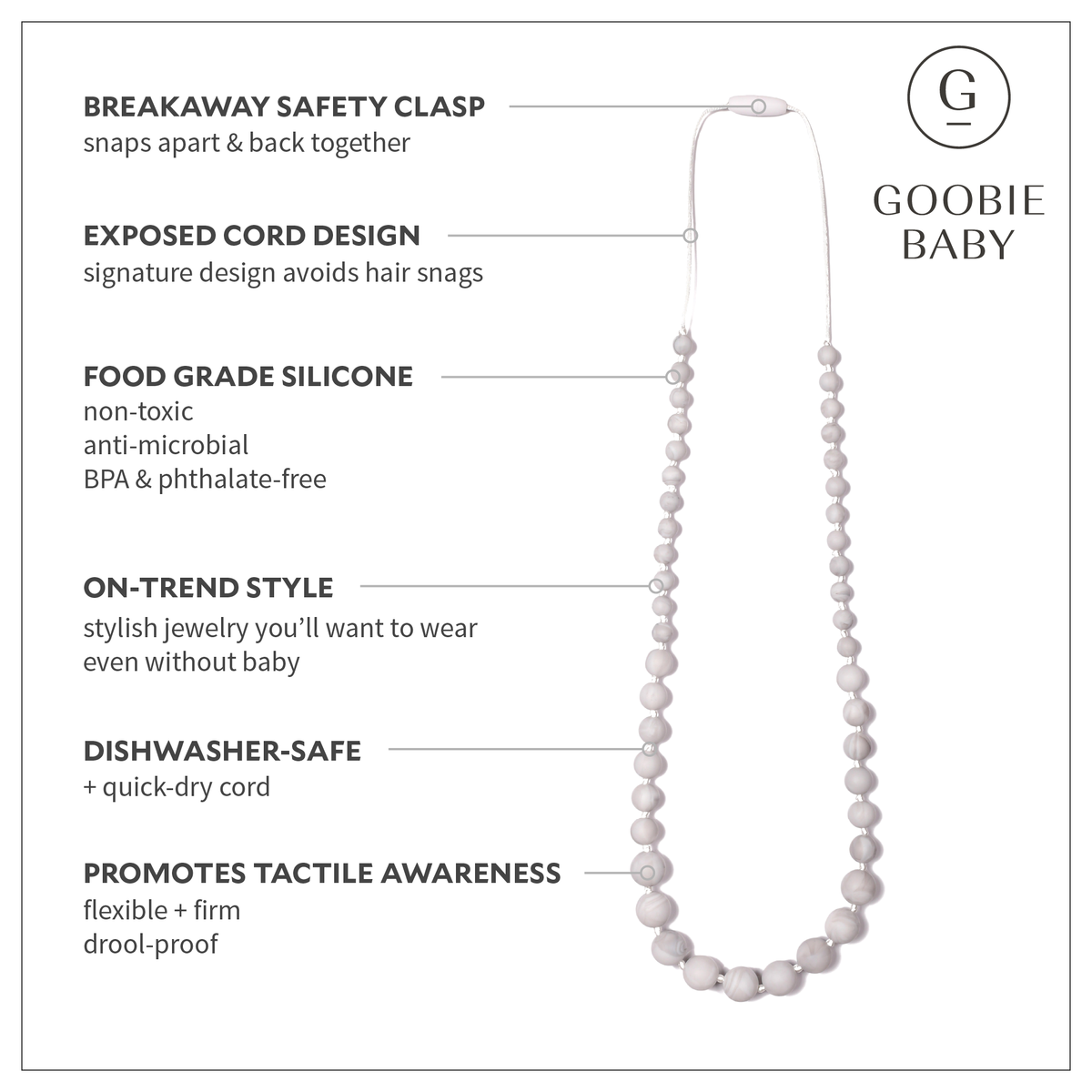 Necklace with features highlighted on a white background, branded as Goobie Baby.