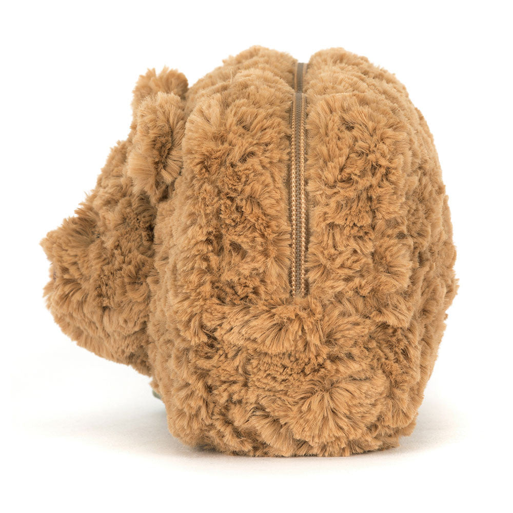 Brown fluffy pouch with a zipper on a white background