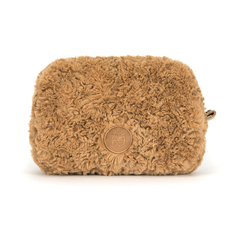 Brown fluffy pouch with a brand logo on a white background