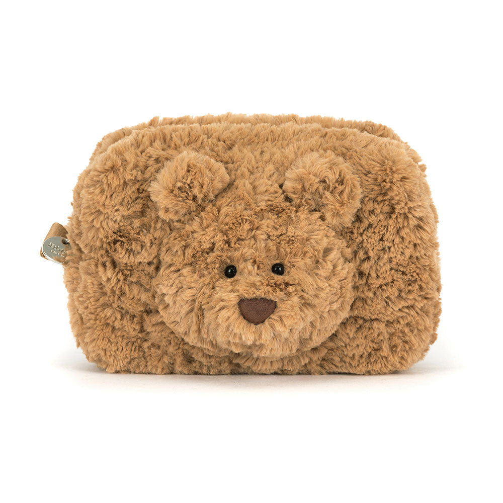 Brown teddy bear-shaped pouch on a white background
